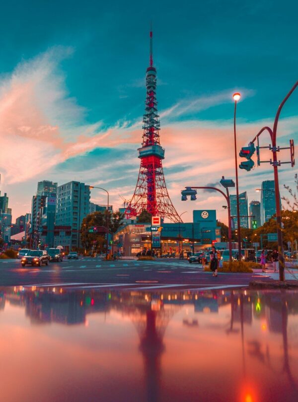 architectural photo of tower between buildings