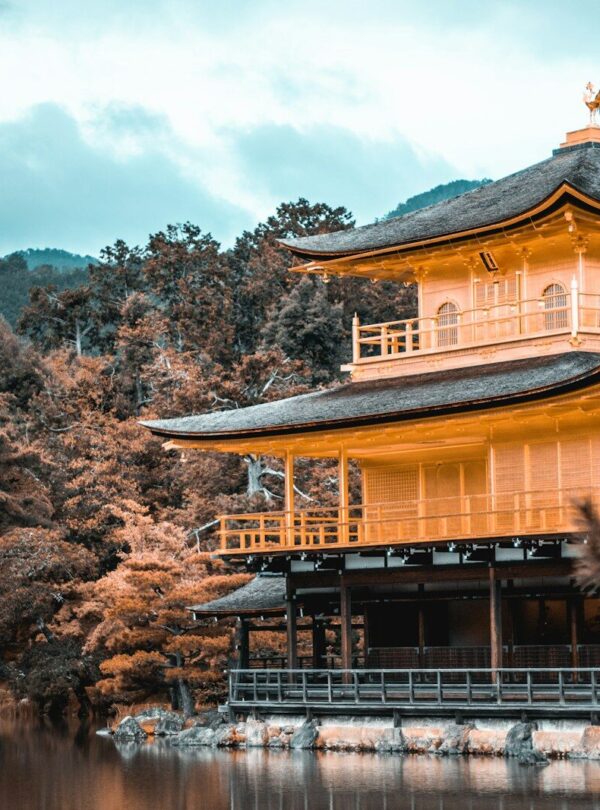 view of pagoda by water and trees