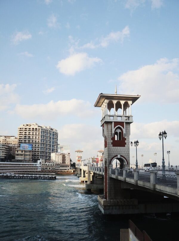 a bridge over water with buildings on the side