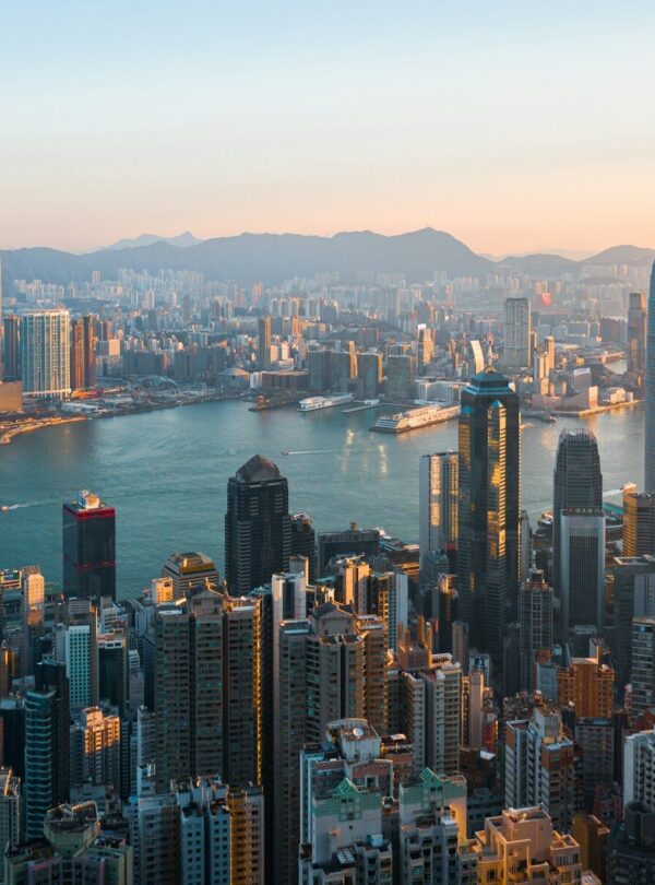 city skyline during night time
