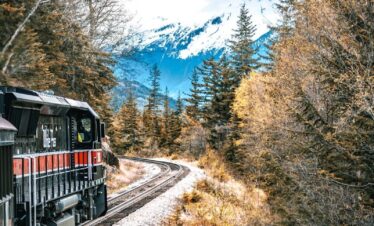 Train traveling through a forest towards mountains