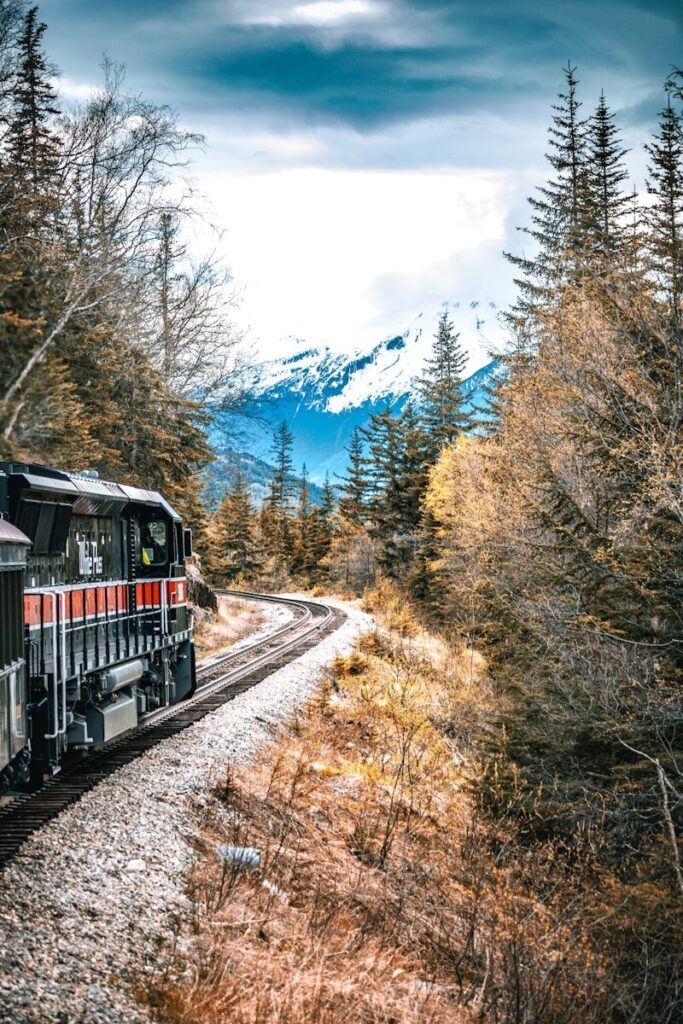 Train traveling through a forest towards mountains