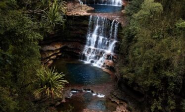 a large waterfall in the middle of a forest