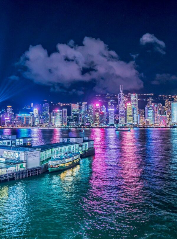 city skyline during night time