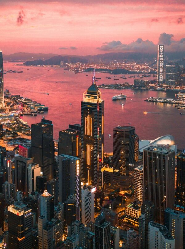 aerial view of city buildings during night time