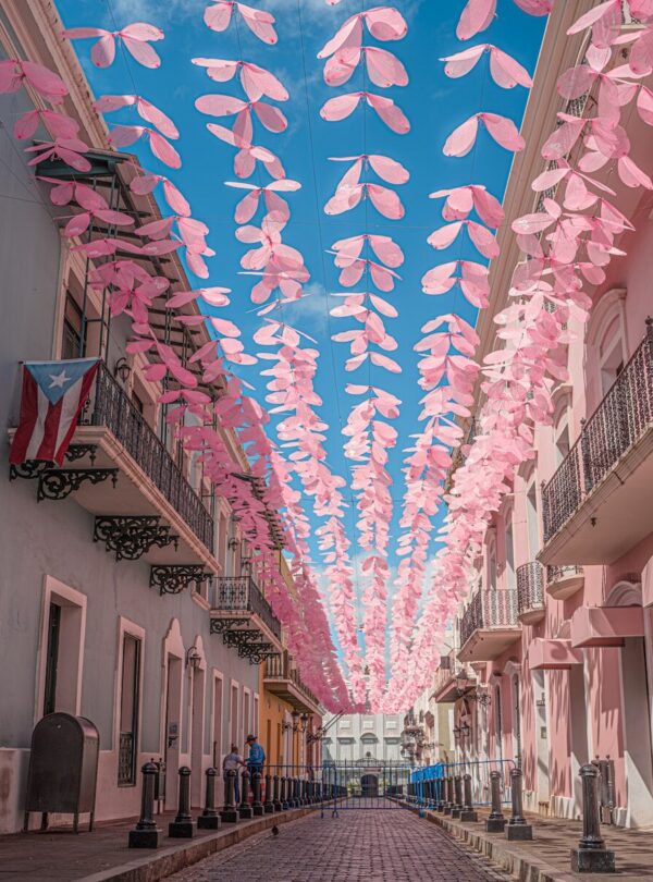 a street lined with pink and white buildings