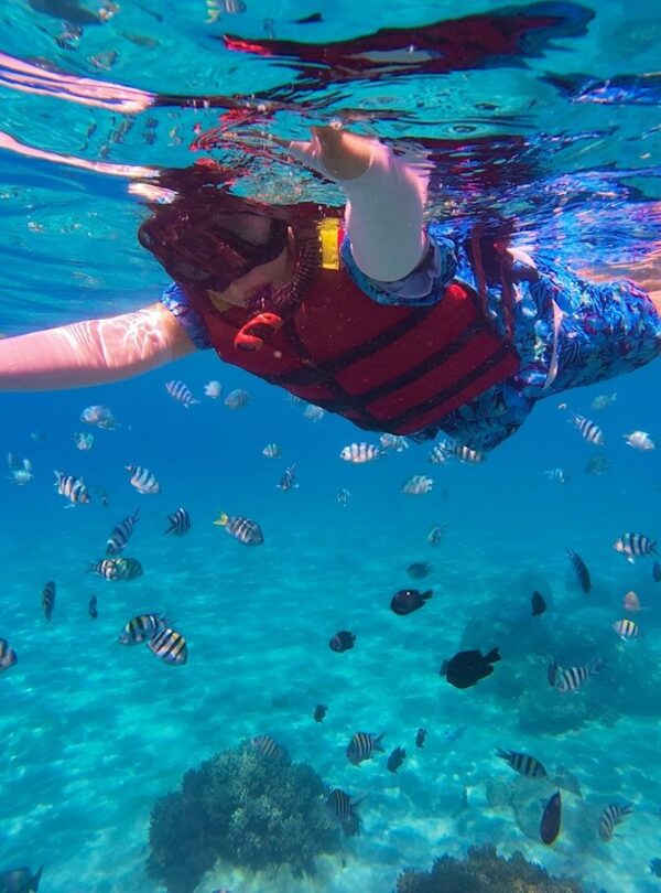 a person under water with a lot of fish