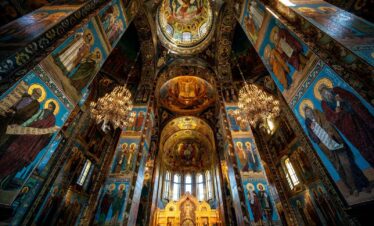 blue and gold cathedral with glass windows