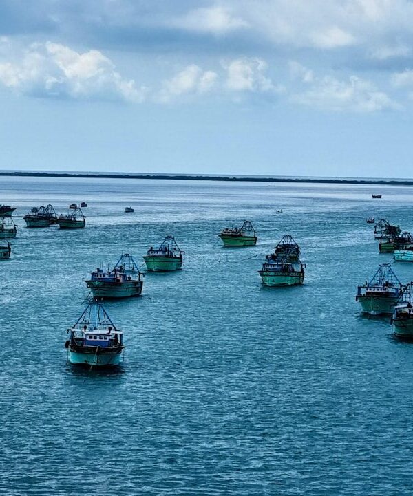 a group of boats floating on top of a large body of water