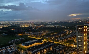 aerial view of city buildings during night time