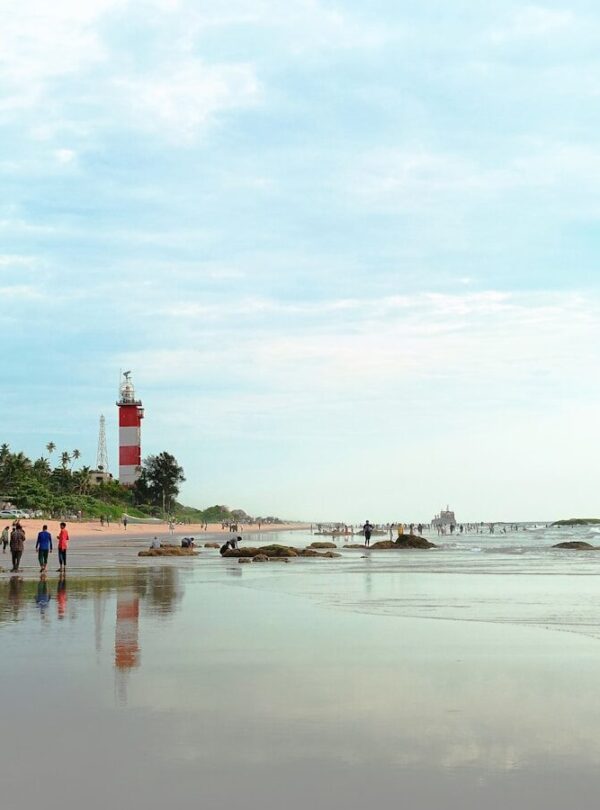 a group of people walking on a beach